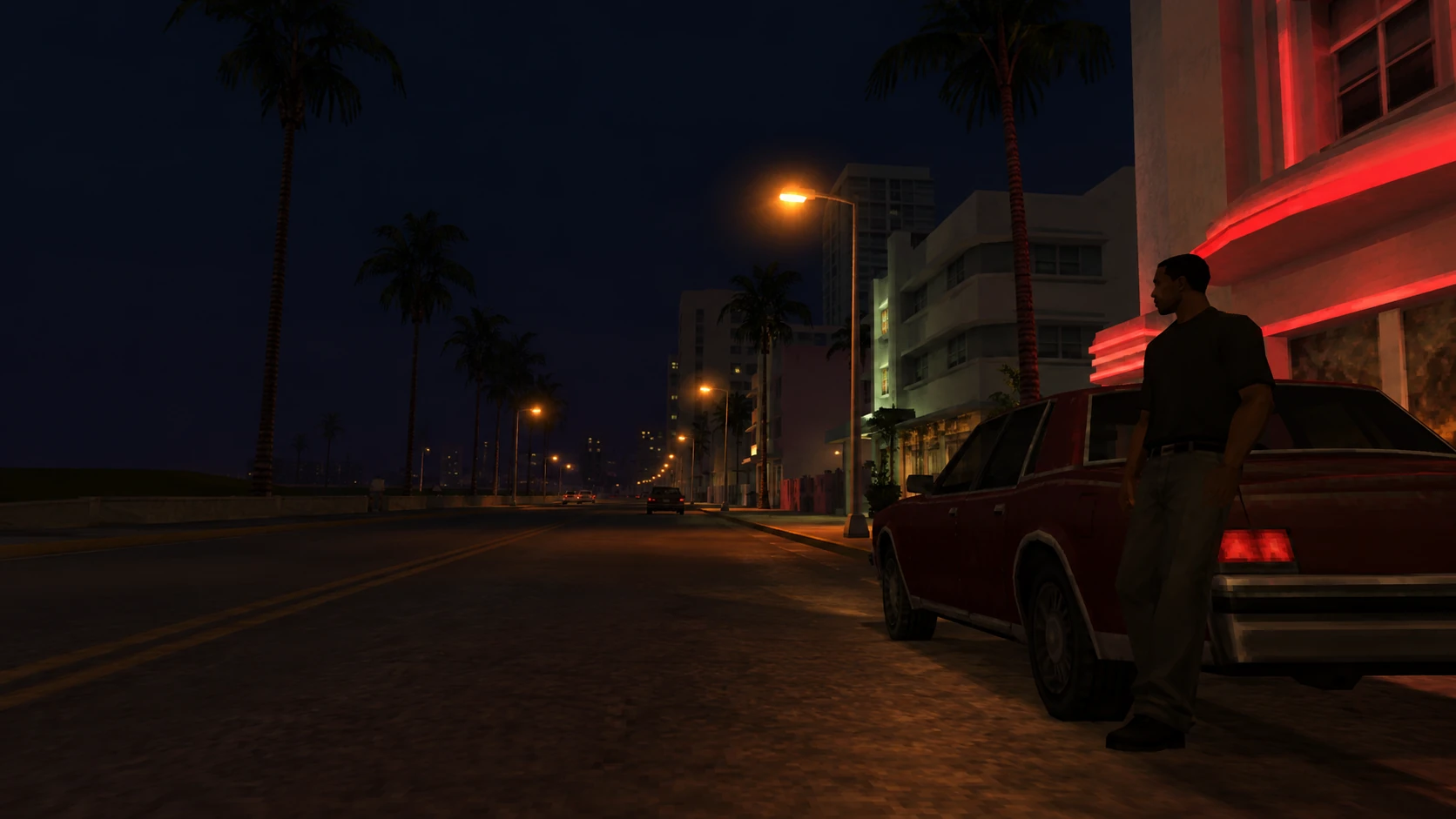 Vice City gece sokağı ve klasik otomobil